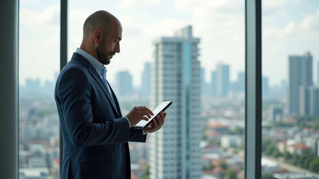 Bir gayrimenkul danışmanı, ofiste tablet üzerinde konut projesinin canlı stok ve daire durumunu incelerken